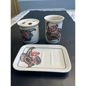 80’s Bill Blass Pink Floral Paisley Toothbrush Holder Tumbler Soap Dish Japan